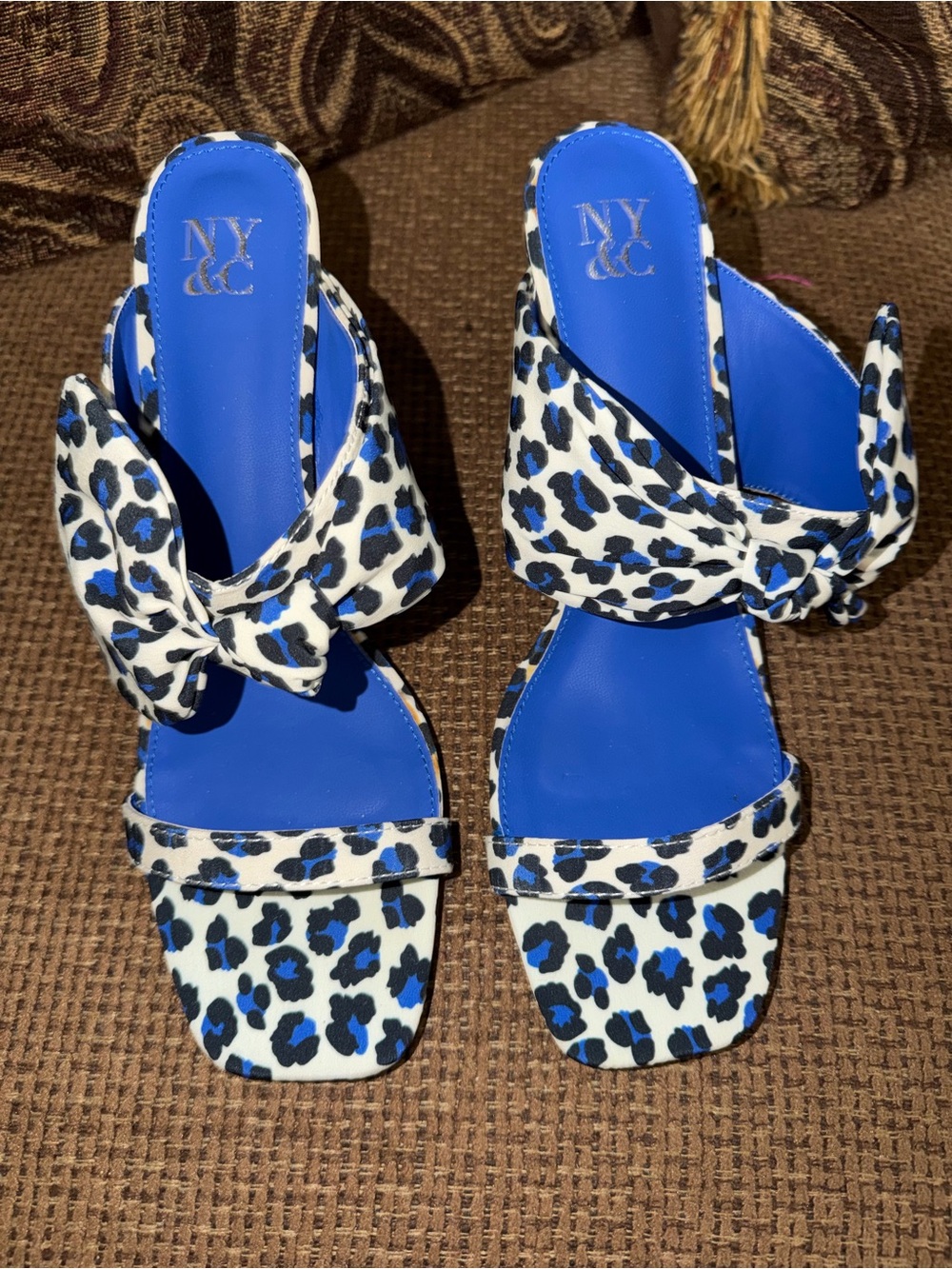New York & Company Blue and Black Leopard Knot Slide Sandals